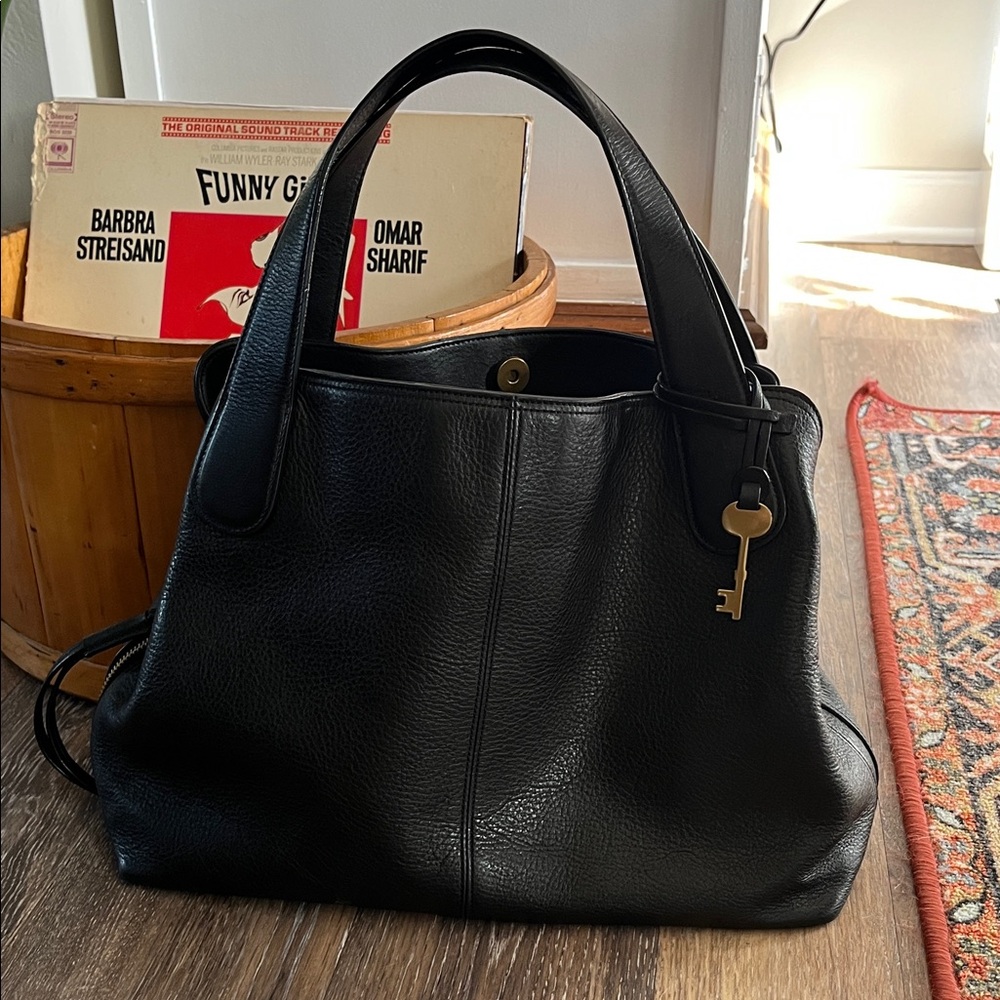 Fossil Black Leather Shoulder Bag with Key Charm